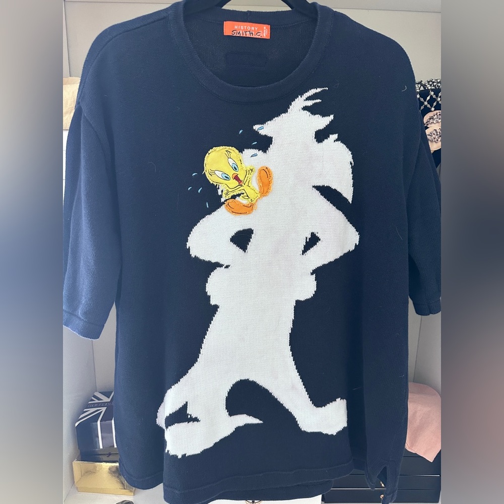 Vtg ICEBERG JEANS Navy Blue SWEATER SHIRT SYLVESTER AND TWEETY SILHOUETTE  M/L